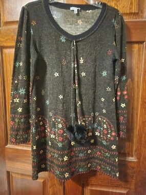 Black Floral Knit Mini Dress with Pom-Tie Detail
